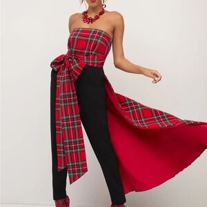 New York & Co. Strapless Jumpsuit in Red and Black Tartan w/Train